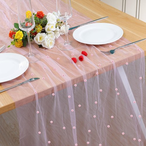 Hugestar Pearl Table Runner 10FT, 30 x 120 Inch Pink Boho Rustic Tulle Lace Table Runner for Spring Summer Birthday Baby Shower Wedding Party Table Decor