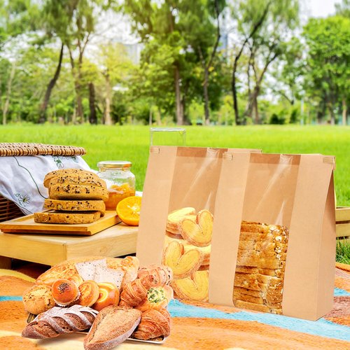 EUVBOKW 120 Pcs Bread Bags for Homemade Bread Sourdough,Large Kraft Paper Storage Bags with Window and Tin Tie Tab Lock,120 Sealing Stickers(13.7x8.3x3.7 In) (120)