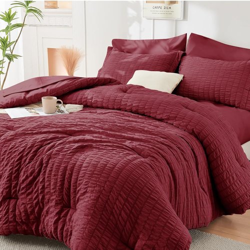 HYMOKEGE Burgundy Queen Comforter Set - 7-Piece All-Season Luxury Bedding Set with Sheets & Pillowcases