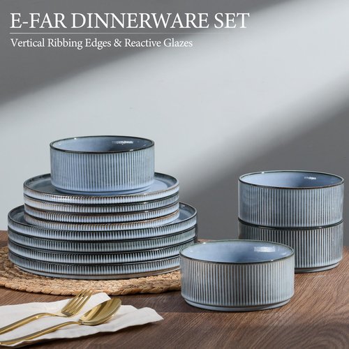 E-far Stoneware Dinnerware Sets, 18-Pieces Modern Plates and Bowls Sets, Kitchen Dinning Porcelain Dishes Set for 6, Chip & Scratch Resistant, Dishwasher & Microwave Safe, Dusty Blue
