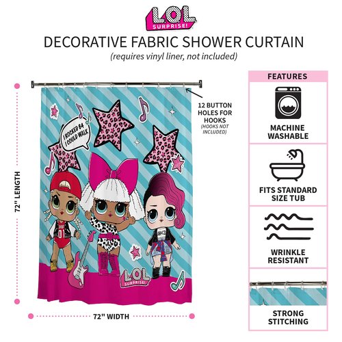 Franco Kids Bathroom Decorative Fabric Shower Curtain, 72 in x 72 in, L.O.L. Surprise!