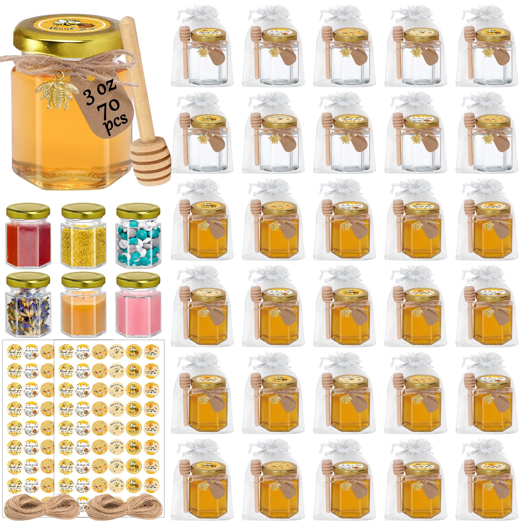 Aliggbent 70 Pack Small Honey Jars for Party Favors in Bulk, 3 oz Mini Hexagon Glass Honey Jars with Dippers, Lids, Cute Stickers, Bee Charms, Gift Bags and Jute for Baby Showers, Weddings, Birthdays