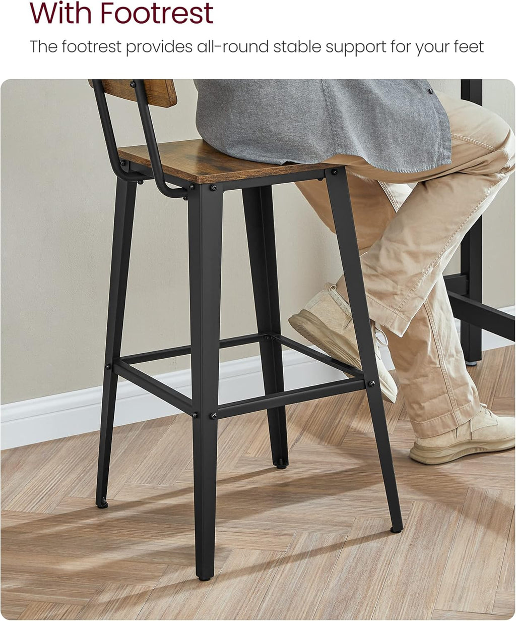 VASAGLE Bar Stools Set of 2 - 29.1-Inch Tall Industrial Style Chairs with Back | Rustic Brown & Ink Black