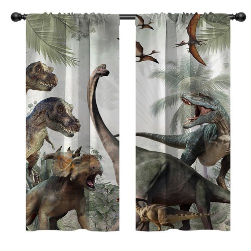 EOVDSFW Dinosaur Window Curtains Rod Pocket Jurassic Dino for Boys Kids Girls Animals Nature Wild Forest Leaf Cute Teen Room Drapes 2 Panels for Living Bedroom Home Decor 42X63 inch