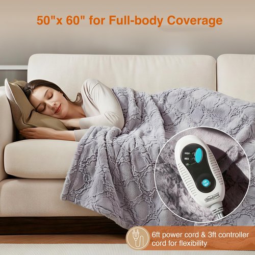 Beautyrest Long Brushed Faux Fur Ogee Textured Design Electric Blanket, Auto Shut Off, Virtually Zero EMF, Multi Heat Setting, UL Certified, Machine Washable, Grey Throw 50x60