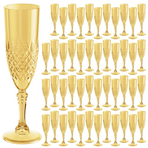 HTTBEIZI Plastic Champagne Flutes 7oz, Reusable Drinking Glasses Cups Goblets Shatterproof Unbreakable, for Wedding Party Mimosa Bar Easter (48, Gold)