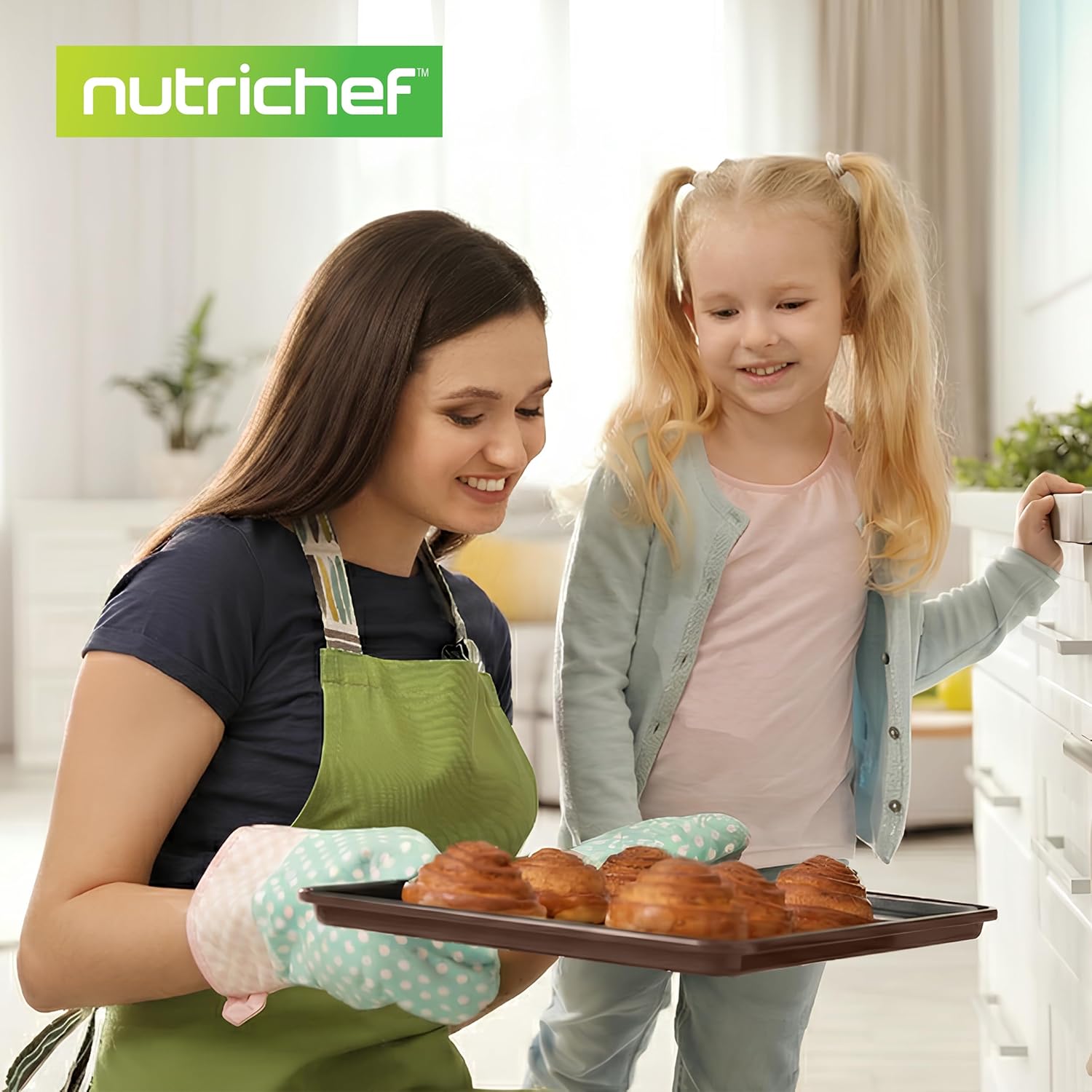 NutriChef 8-Piece Nonstick Bakeware Set - PFOA-Free, Oven Safe Up to 450°F | Round, Loaf, Muffin & Cookie Pans (Brown)