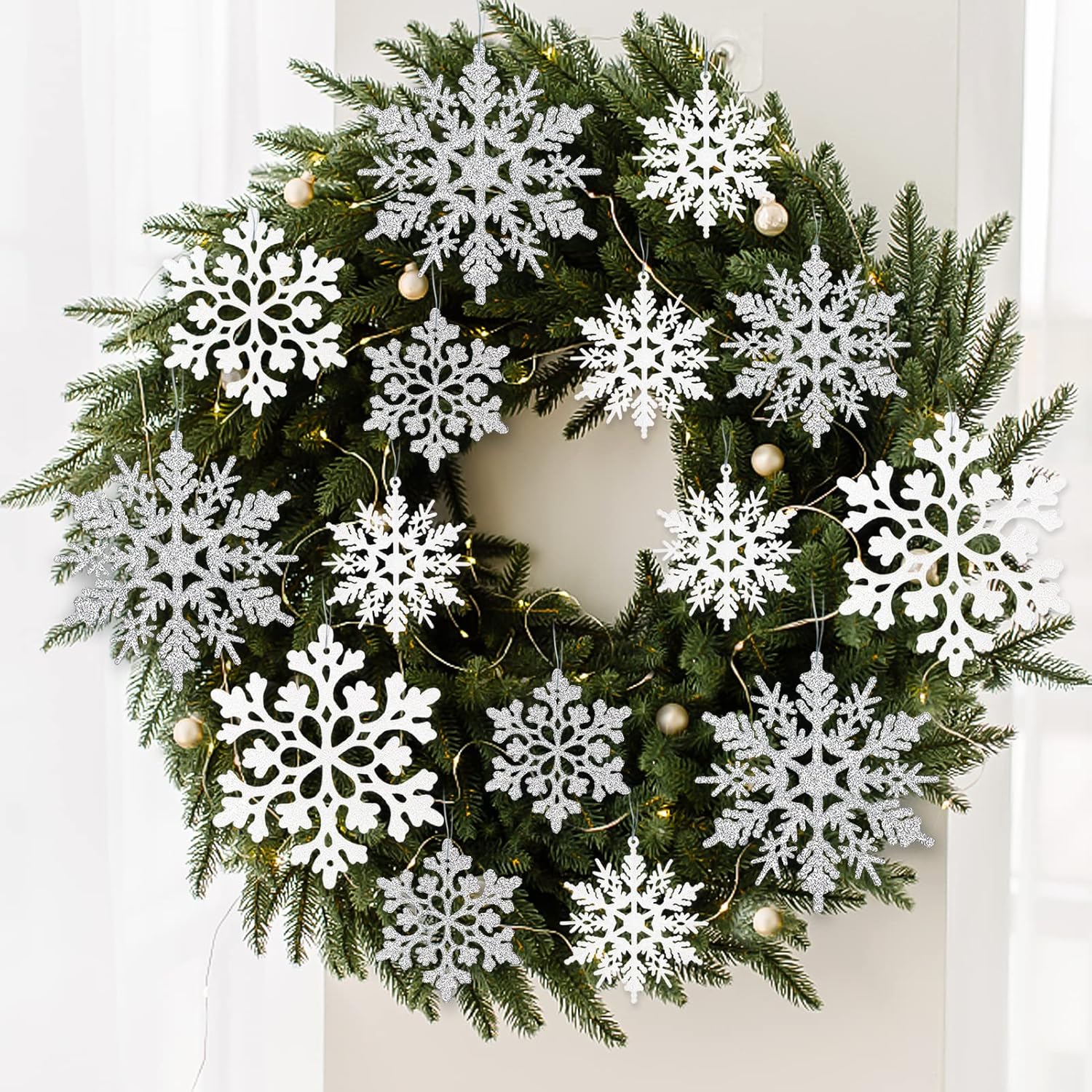 Skiennix Christmas Snowflake Ornaments - 36Pcs Glittering Plastic Hanging Decor for Winter Wonderland