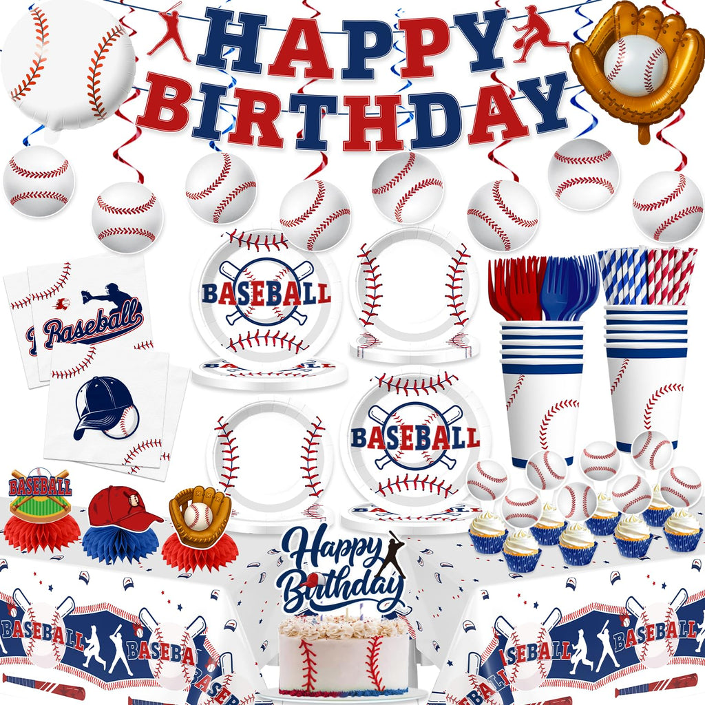 Xynic 202Pcs Baseball Birthday Decorations Tableware Set Serve 25 Guests, Baseball Party Decorations Include Banner, Plates, Tablecloth, Cake Topper, Cups, Cupcake Topper for Baseball Birthday Party