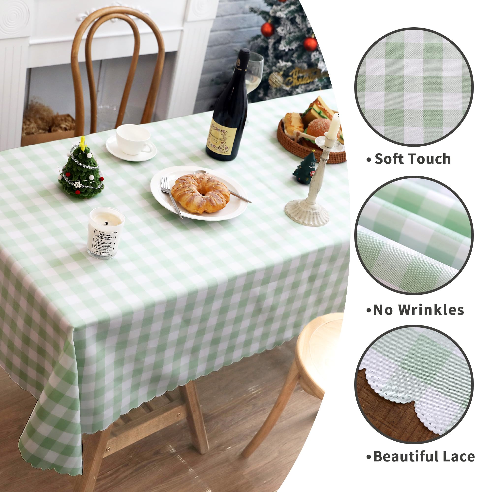 CSFL Checkered Tablecloth Rectangle, Buffalo Plaid Table Cloth Waterproof Gingham Tablecloths, Washable Durable Table Cover for Dining Outdoor Picnic and Party, 87"x 55", Light Green and White