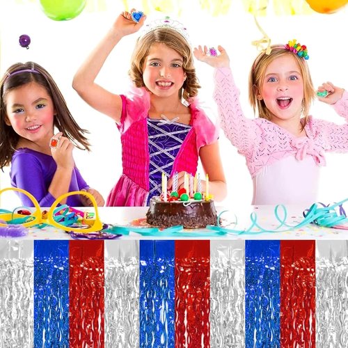 8P Wavy Metallic Tinsel Foil Fringe Table Skirts - Perfect for Weddings, Birthdays & Holiday Decor | Red, Blue, White
