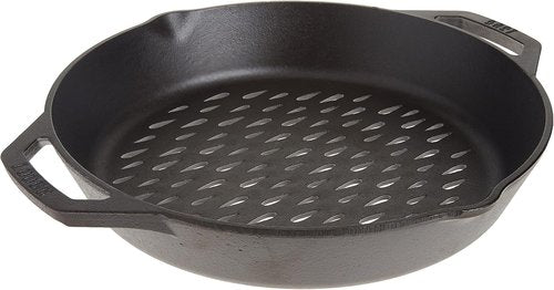 Lodge Pre-Seasoned Cast Iron Grilling Pan - 12 Inch Round Design for Perfect Grilling | Prevents Food from Falling Through