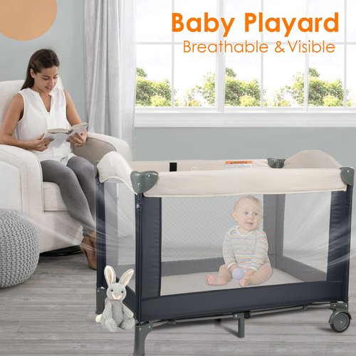 Cradlecare 3-in-1 Pack and Play Playard with Bassinet and Changing Station | Portable Baby Playard for Travel, Foldable Play Pen for Newborns and Toddlers, 2 Locking Wheels, Breathable Mesh (Creamy)
