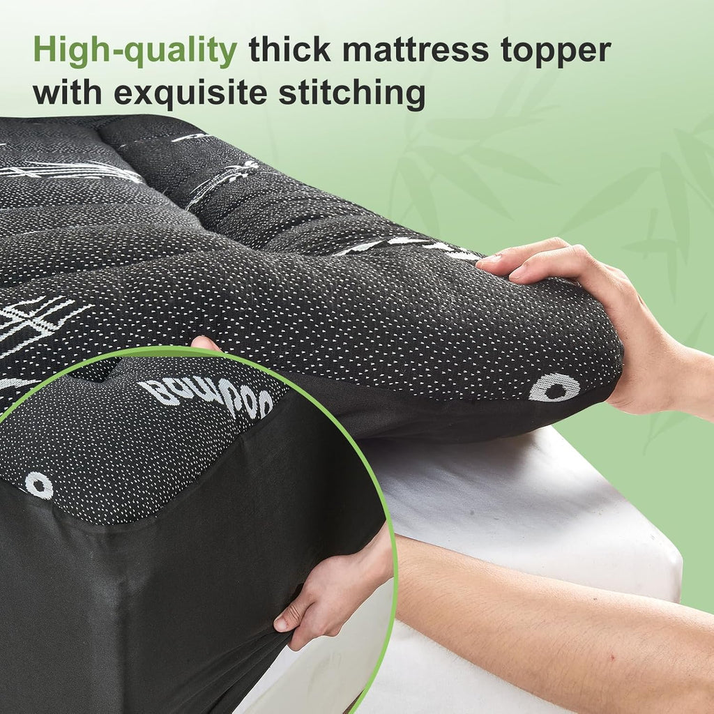 Skiennix Queen Size Mattress Topper - Soft Bamboo Viscose Pillow Top for Back Pain Relief | Cooling Dark Grey with Deep Pocket (8-21 Inch)
