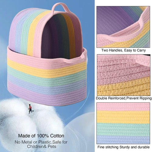 DUHEL Cotton Rope Woven Storage Basket, Used for Baby Hamper Toy Organizer, Gift Baskets Empty,Kids Laundry Basket,Baby Blanket Basket. Size 15x10x8.7 Inches. (Rainbow-3Pcs)