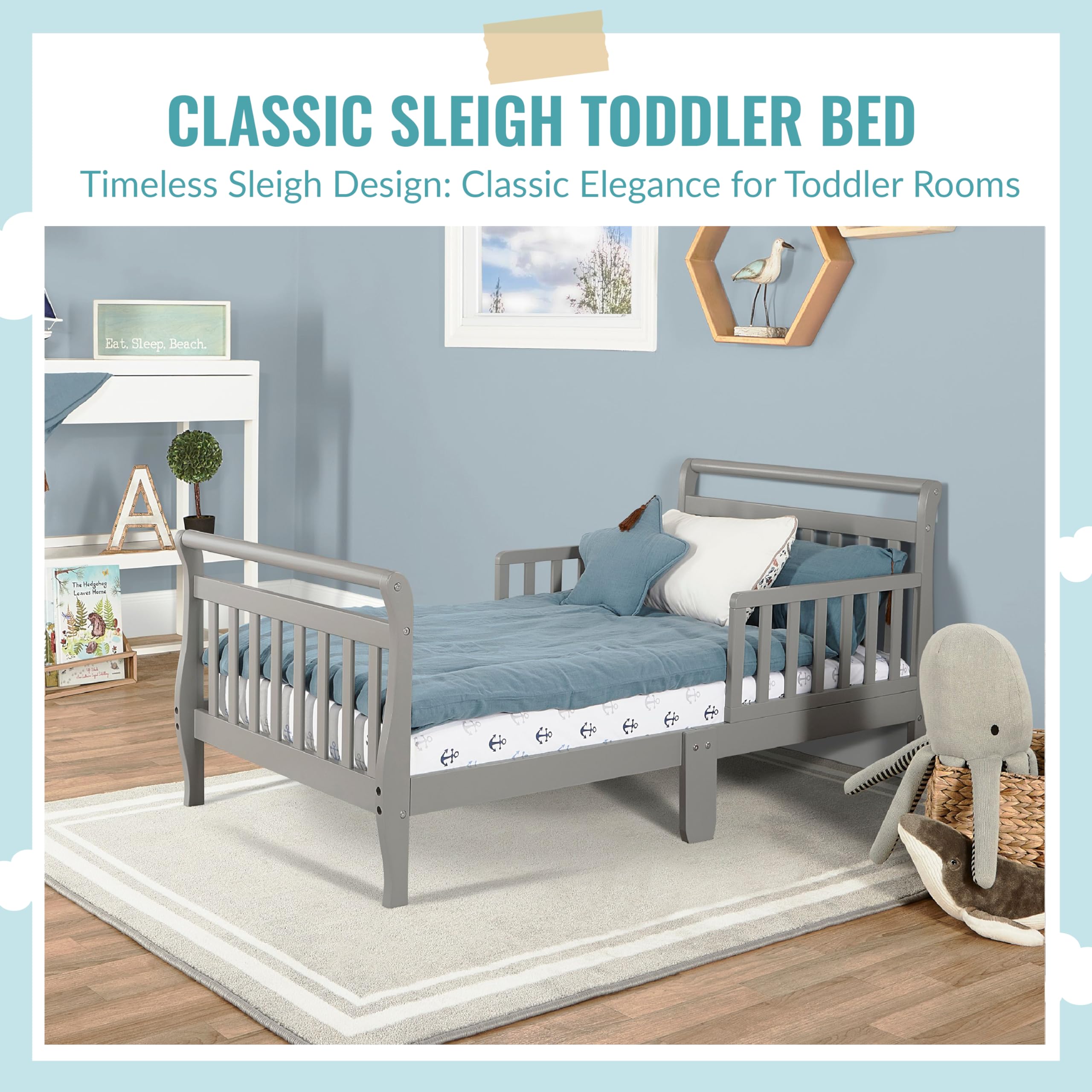 Dream On Me Classic Sleigh Toddler Bed in Cherry – Baby Safety Alliance Certified, Low-to-Floor Design, Non-Toxic Finish, Wooden Safety Rails