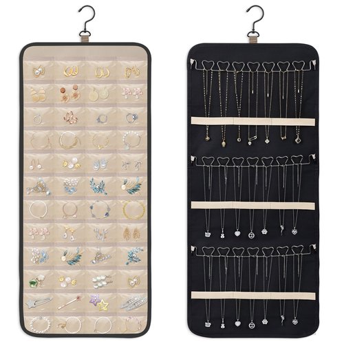 Dynoro Double-Sided Hanging Jewelry Organizer, Large Black Storage Roll for Earrings, Necklaces, Rings, 48 Pockets 21 Hooks, Durable Oxford Fabric for Closet, Wall, Door, 1 piece, Jewelry Not Included