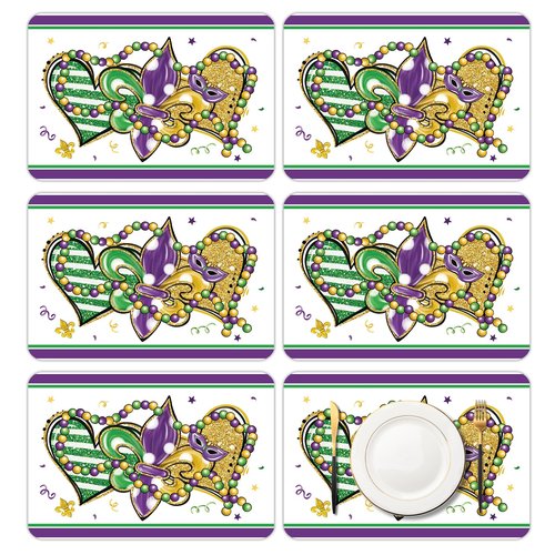 KOPOOEOE 6 Set Carnival Mardi Placemats, 11x16 Inch Fleur de Lis Heart Bead Plastic Placemats Spring Holiday New Orleans Cocktail Table Mats for Carnival Masquerade Party Festival Decor