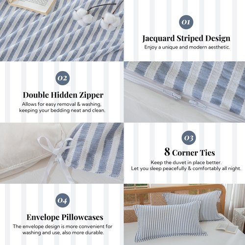 MILDLY Blue Striped Duvet Cover - 100% Washed Cotton Jacquard Boho Textured Comforter Cover 3pcs with Zipper Closure 90"x90"