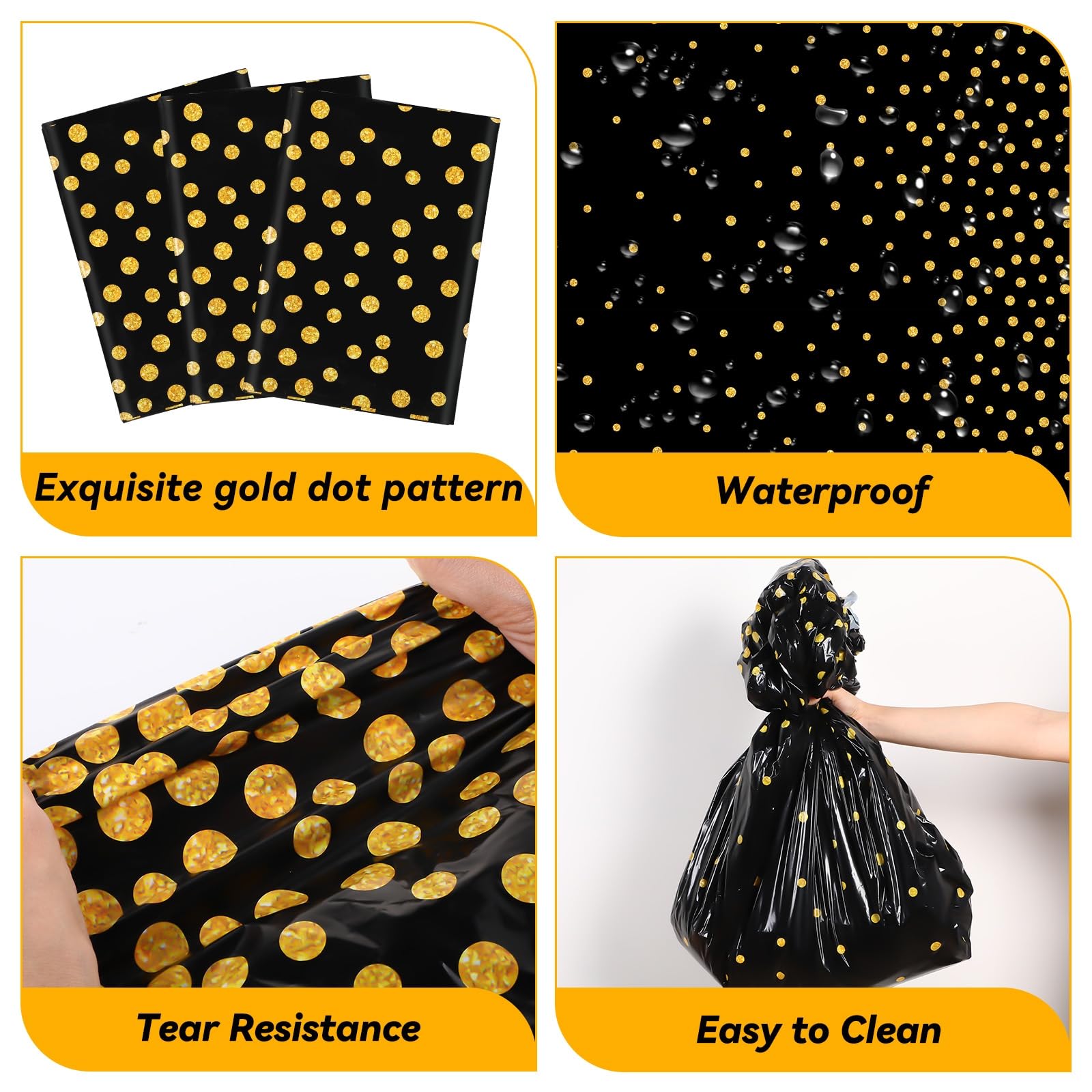 Newwiee 8 Pcs Round Dot Tablecloth 84 Inch Plastic Polka Dot Table Cover Disposable Confetti Tablecloths for Grad Wedding Bridal Shower Birthday Spring Graduate Party Decor (Black,Gold)