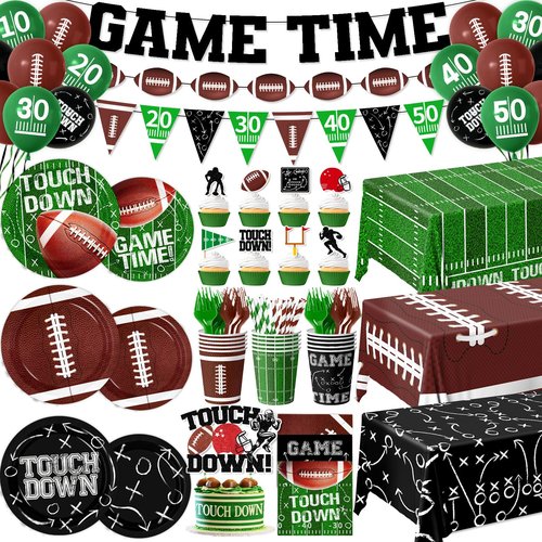Football Party Decorations Serve 24, 189Pcs Football Party Supplies Includes Plates,Napkins,Cups,Tablecloth,Banner,Balloons,Cupcake Toppers for Game Day Tailgate Football Birthday Party Decorations