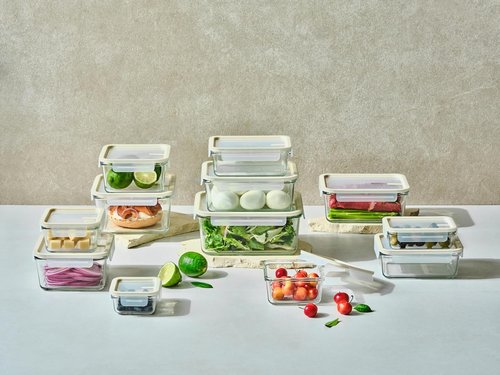 Glasslock Sens 24-Piece Glass Food Storage Set - Airtight, Leakproof & Microwave Safe | 8 Sizes, Anti-Slip Lid