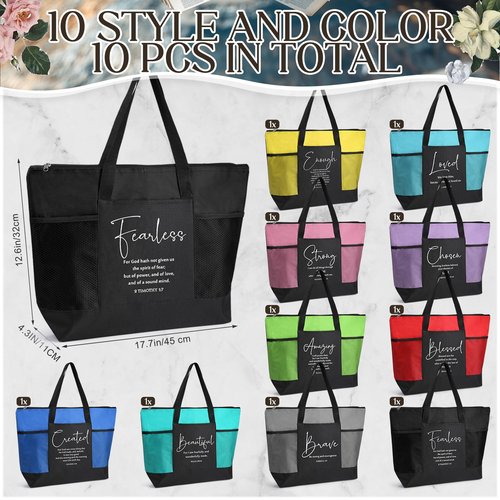 Paterr 10 Pcs Christian Tote Bags Bulk with Pocket Zipper for Women Bible Church Mothers Day Gifts(Colorful,Encouraged)