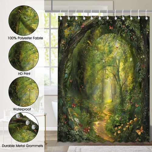Mocsicka Tree Shower Curtain Spring Nature Garden Enchanted Forest Scene Bathroom Shower Curtain Tree Waterproof Fabric Shower Curtains Bathtub Decor with 12 Hooks 72 X 72 Inch (Green)