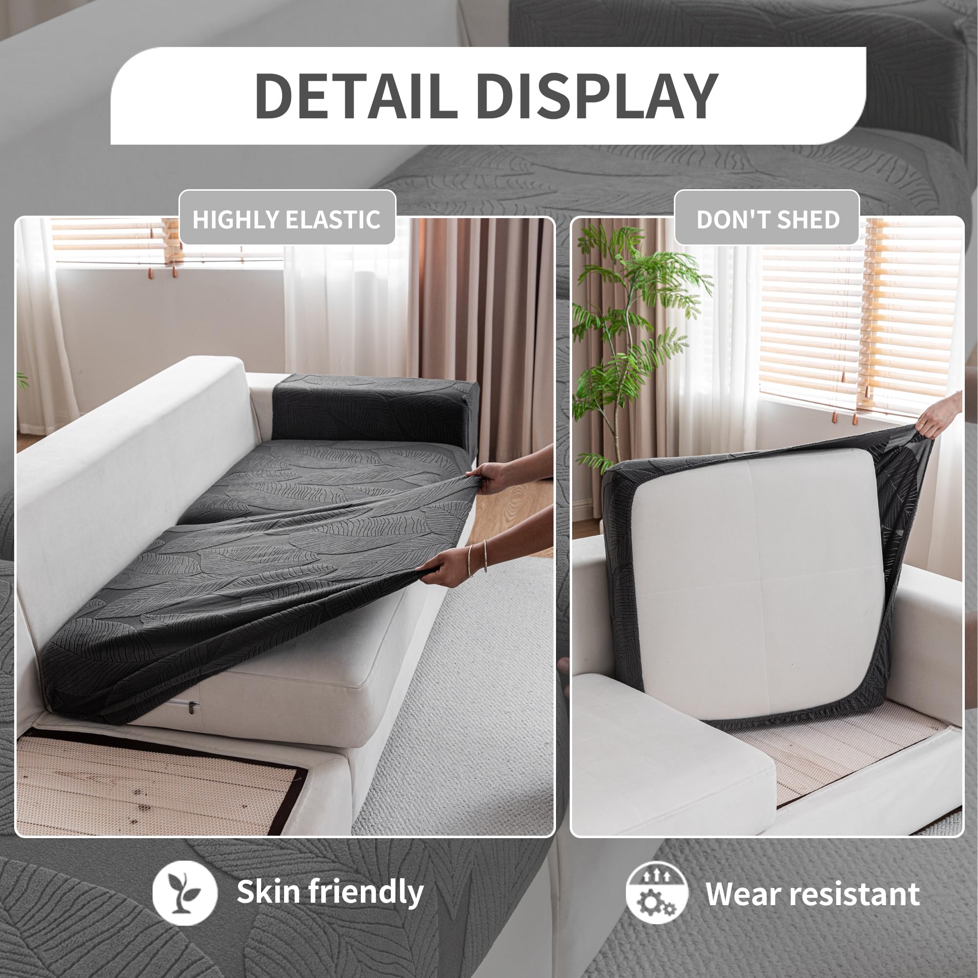 QIANMEW Couch Covers for Sectional Sofa, Washable Stretch Soft Sofa Cushion Covers L Shape Sofa Slipcovers Anti Slip Furniture Decor Protector for Pets (2 Seaters Covers,Dark Gray)