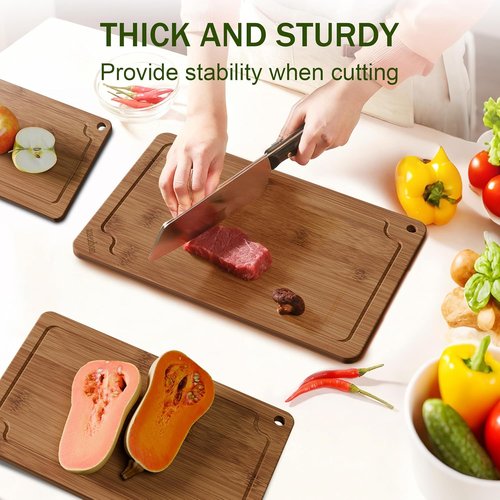Bamboo Cutting Boards - Set of 3 with Juice Grooves & Built-in Handles | Ideal for Meat, Vegetables, Fruits