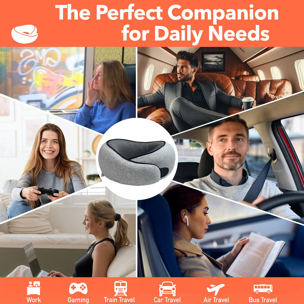 HWGIZP Travel Pillow | High-Density Memory Foam Pillow with 360° Surround Support. Ergonomically Designed. Ideal for Airplane Travel and Home Use. (Light Gray)