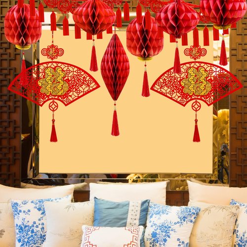 Winlyn Chinese Lunar New Year Party Decorations Good Luck Garlands Red Paper Lanterns with Tassels Lucky Fu Ornaments for Asian Vietnamese Chinese TET 2026 Year of the Horse Home Wedding Holiday Decor