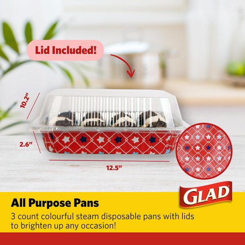 Glad Disposable Aluminum All Purpose Pans in Red, White & Blue Stars, 3ct with Lids - Printed Colorful Foil Steam Pans - 12.5” x 10.2” x 2.16” Aluminum Pan - Disposable Steamware