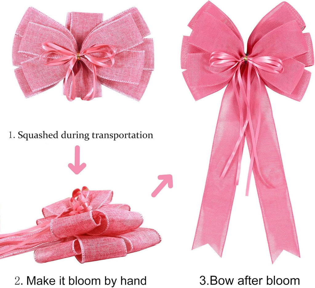 Skiennix Large Pink Easter Wreath Bows - Spring Tree Topper Decor with Burlap & Glitter | 2 Pcs