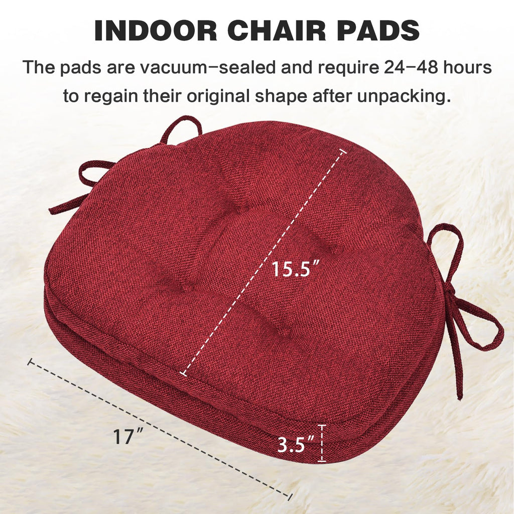 baibu Dining Chair Cushions Set of 4, Dual-Layer Patented Design Memory Foam Windsor Seat Pads, Kitchen Chair Cushions with Ties & Textured Cover, 17x 15.5 x 3.5in, 4 Pack, Red