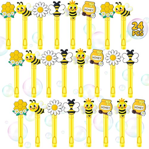 Winrayk Bee Party Favors, 24Pcs Bee Themed Mini Bubble Wands for Kids Bubbles Bulk with Detachable Topper (6 Styles & Colors), Birthday Gift Easter Goody Bag Stuffer Classroom Prizes Honey Party Favor
