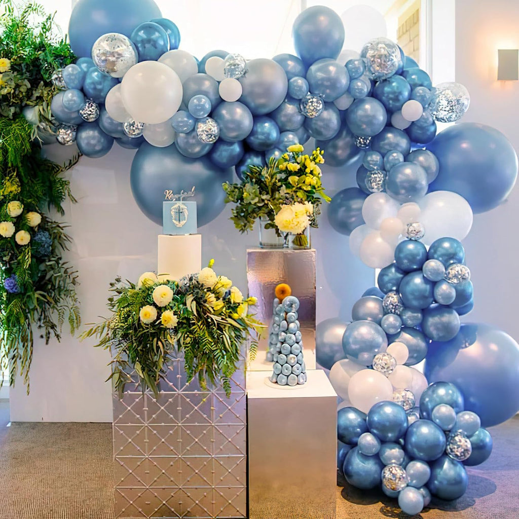 PartyWoo Metallic Light Blue Balloons - 140 Pcs Latex Balloon Arch Kit | Various Sizes for Graduation & Baby Showers
