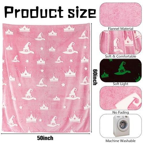Hillsuren Witch Hat and Pink Crown Blanket for Girls 50 x 60 Inch Glow in The Dark Fun Witch Theme Throw Blanket Team Gifts for Christmas Halloween Thanksgiving Gift Decoration