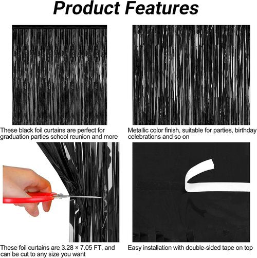 2026 Graduation Party Decorations | 2 Pack Black Backdrop with Metallic Fringe Tinsel Curtains - 3.28 FT x 7.05 FT