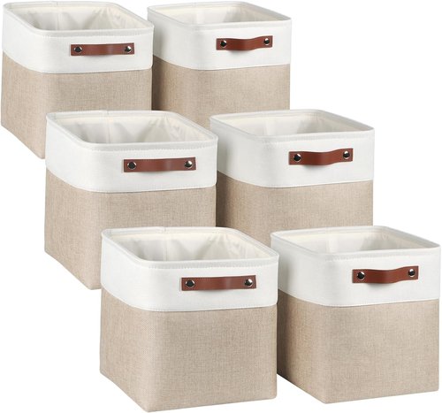 Kntiwiwo Fabric Storage Cubes - Foldable 10.5”x10.5”x11” Closet Organizers | 6-Pack Beige with PU Leather Handles