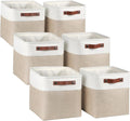 Kntiwiwo Fabric Storage Cubes - Foldable 10.5”x10.5”x11” Closet Organizers | 6-Pack Beige with PU Leather Handles