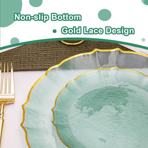 Lullaby 100pcs Translucent Green Plastic Plates with Gold Rim, Fancy Lace-Edged Disposable Plates include 50pcs Dinner Plate 10”, 50pcs Dessert Plate 7”, Perfect for Party, Wedding, Holiday