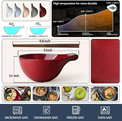 Artena Ramen Bowl Set - 42oz Ceramic Noodle Bowl with Chopsticks | Dishwasher & Microwave Safe, Red Gourd Design