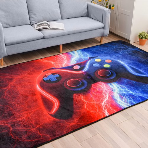 Meeting Story Gamer Gaming Area Rug Tie Dye Lightnings Gamepad Rug Games Console Action Buttons Print Carpet Indoor Floor Sofa Rugs for Kids Bedroom Living Room Game Room Decor(Red-Blue,5×8 Feet)