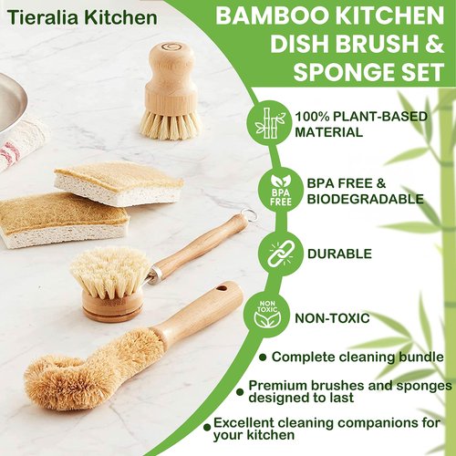 Tieralia Bamboo Dish Brush Gift Set – 5-Piece Kitchen Cleaning Set with Bottle Brush, Round Scrub Brush, Palm Brush & 2 Plant-Based Sponges | Wooden Handle Cleaning Tools for Dishes & Surfaces