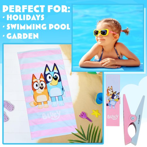 Bluey Beach Towel with 2 Clips Kids Toddlers Quick Dry Towel for Pool Beach Bath Swimming Trips Travel Essentials 55x27”