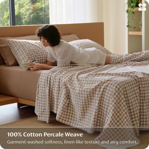 Bedsure 100% Washed Cotton Percale Sheets - Soft Gingham 6-Piece Set, Queen Size with 18" Deep Pocket (Brown)