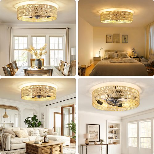 G-SAFAVA 20" Boho Ceiling Fans with Lights and Remote, 6 Wind Speeds 3 Timing Quiet Rattan Flush Mount Low Profile Ceiling Fan for Bedroom Living Room, Rustic Reversible Caged Ceiling Fan, Beige