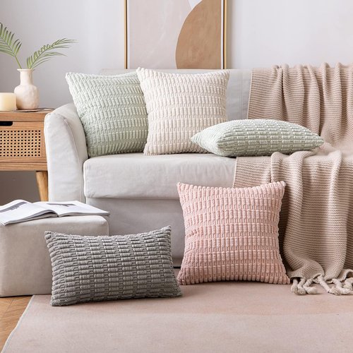 MIULEE Corduroy Decorative Throw Pillow Covers - Soft Boho Striped Design | 12x12 Inch Cream White for Modern Farmhouse Decor