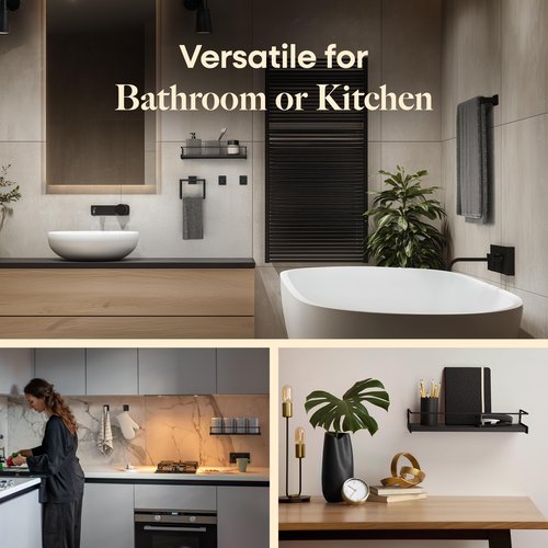 6 Pieces Bathroom Hardware Set, Matte Black Bathroom Accessories Set, Stainless Steel Towel Racks for Bathroom w/Roomy 15.7”x5.9” Shelf, Toilet Paper Holder, 2 Adhesive Hooks, Towel Bar